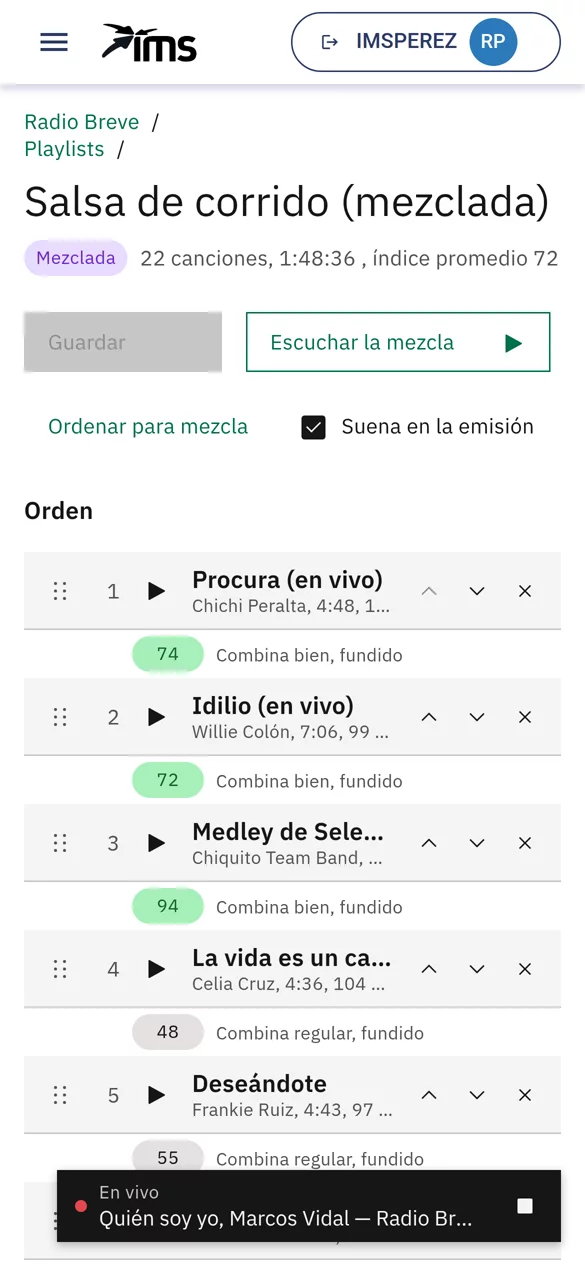 El editor de una playlist mezclada en el celular