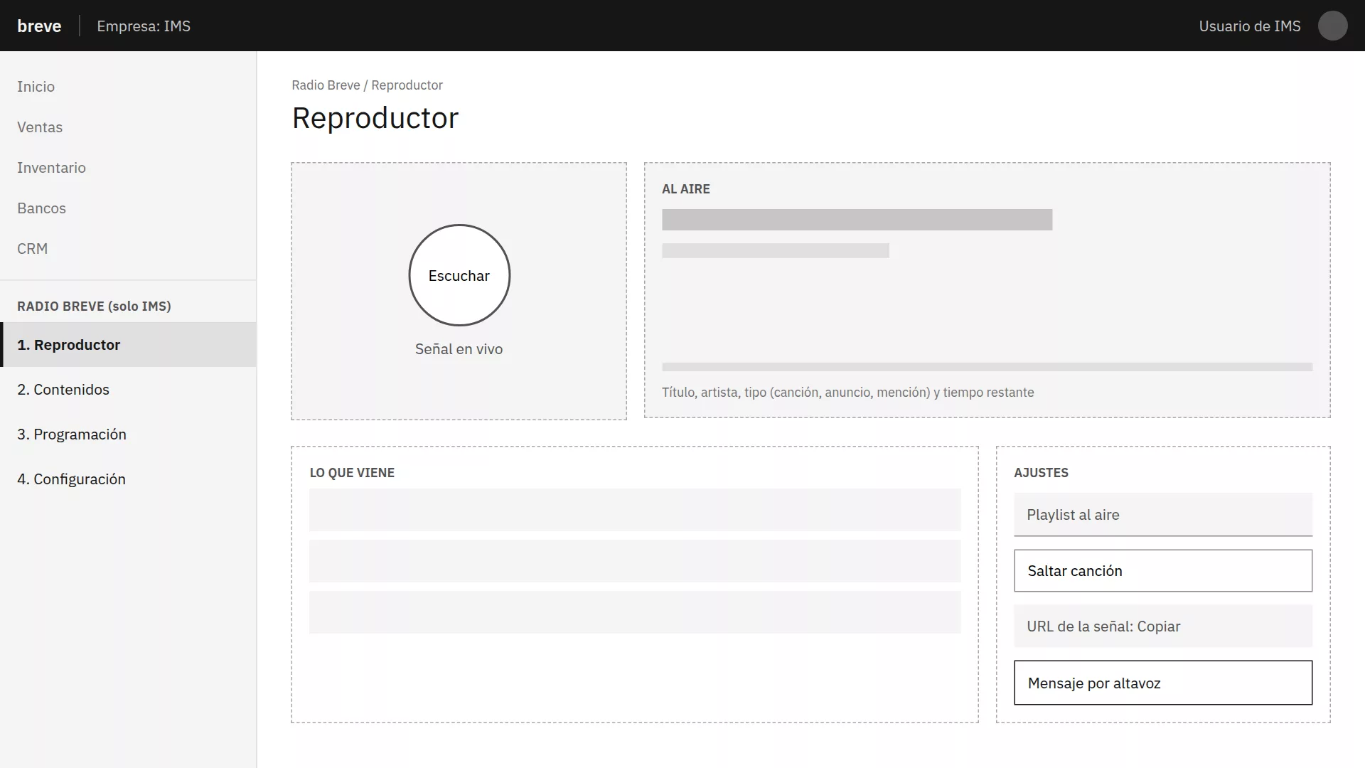 Wireframe del Reproductor: botón Escuchar, lo que está al aire, lo que viene y los ajustes