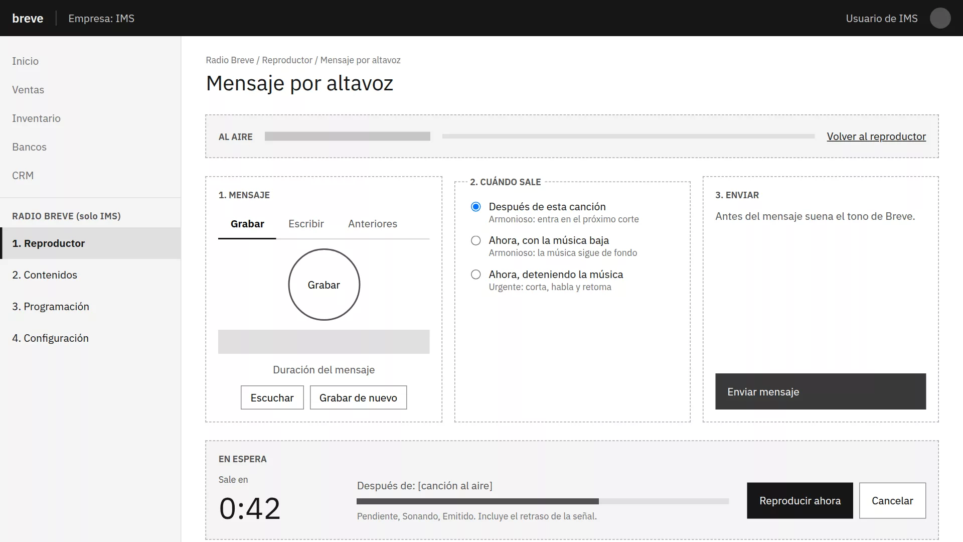 Wireframe del mensaje por altavoz: grabar, escribir o repetir, cuándo sale y la cuenta regresiva