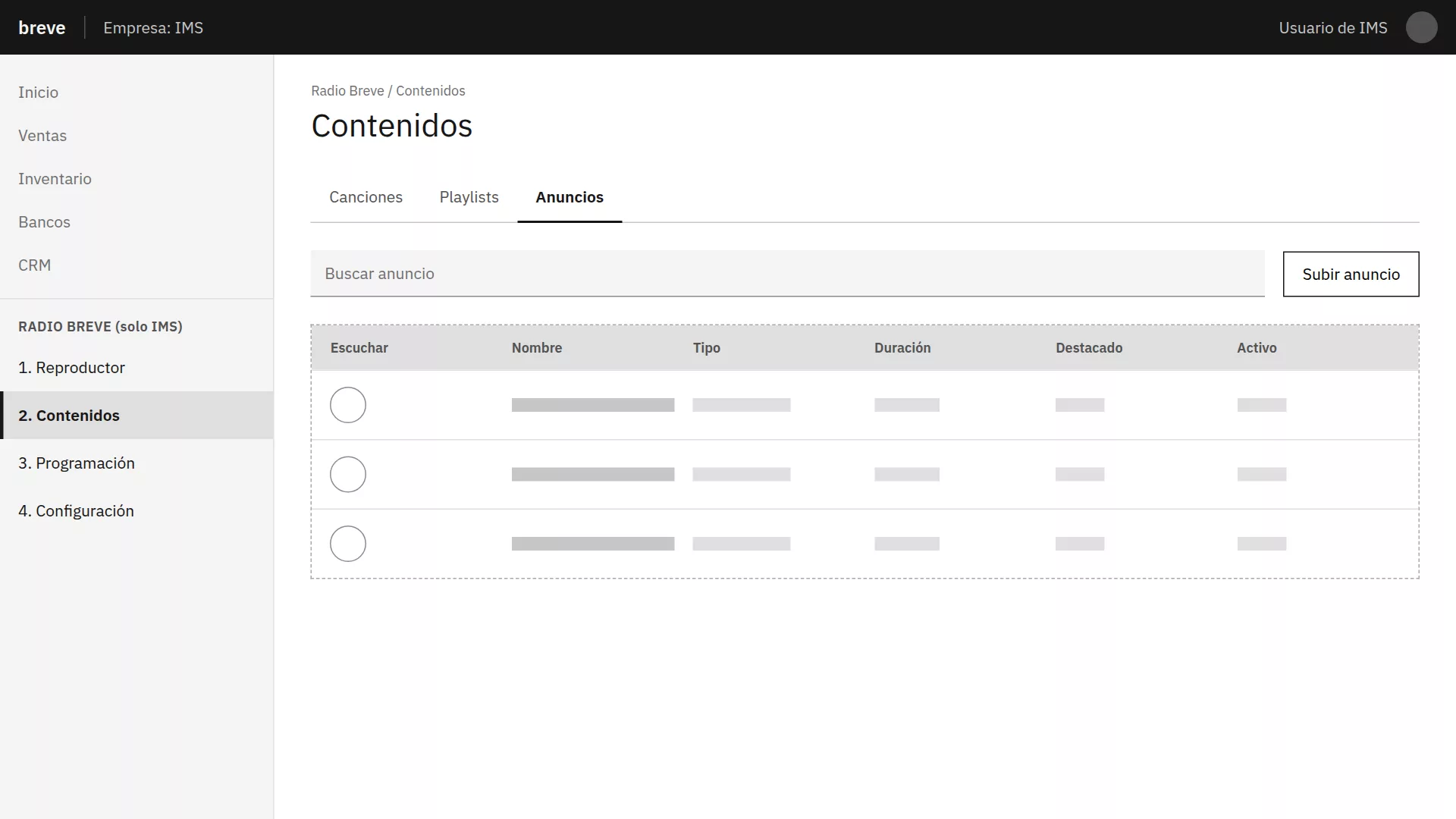 Wireframe de Contenidos, pestaña Anuncios: buscador, subir anuncio y tabla