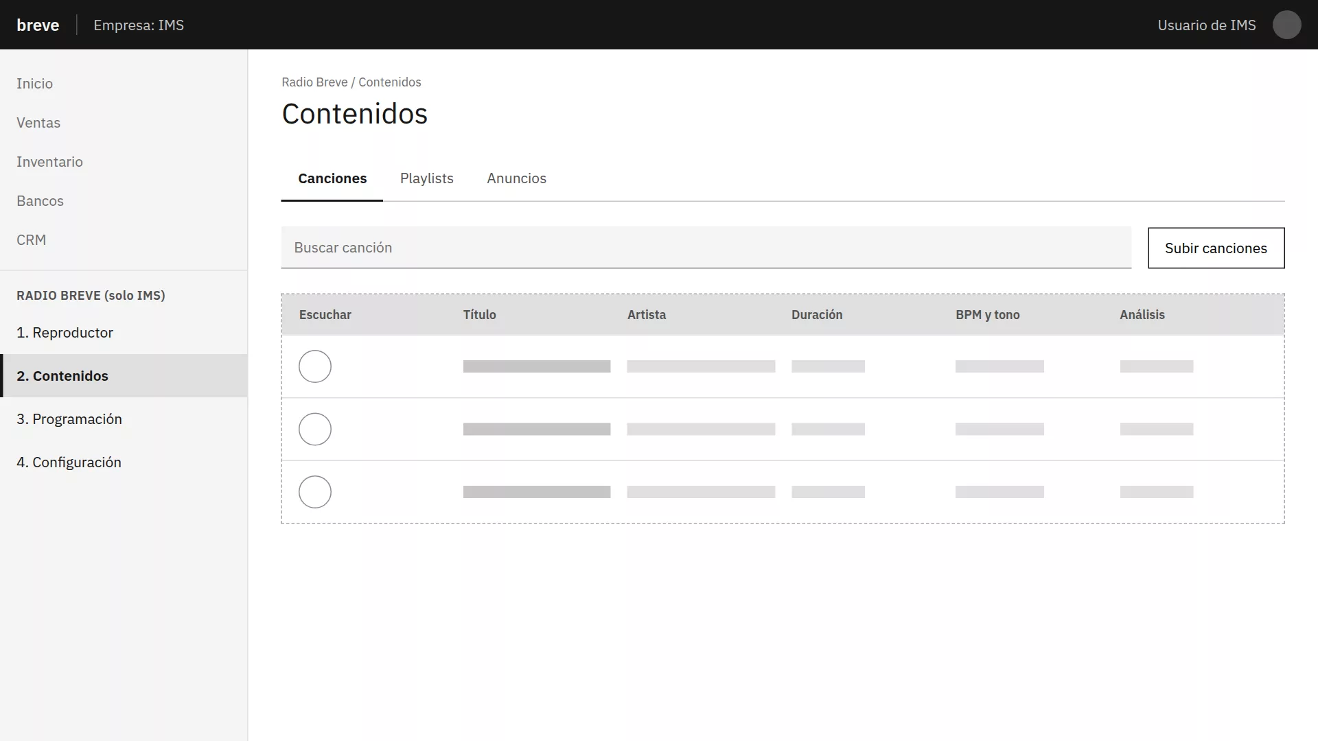 Wireframe de Contenidos, pestaña Canciones: buscador, subir canciones y tabla