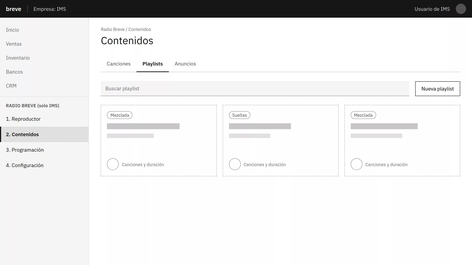 Wireframe de Contenidos, pestaña Playlists: tarjetas de playlists mezcladas y sueltas