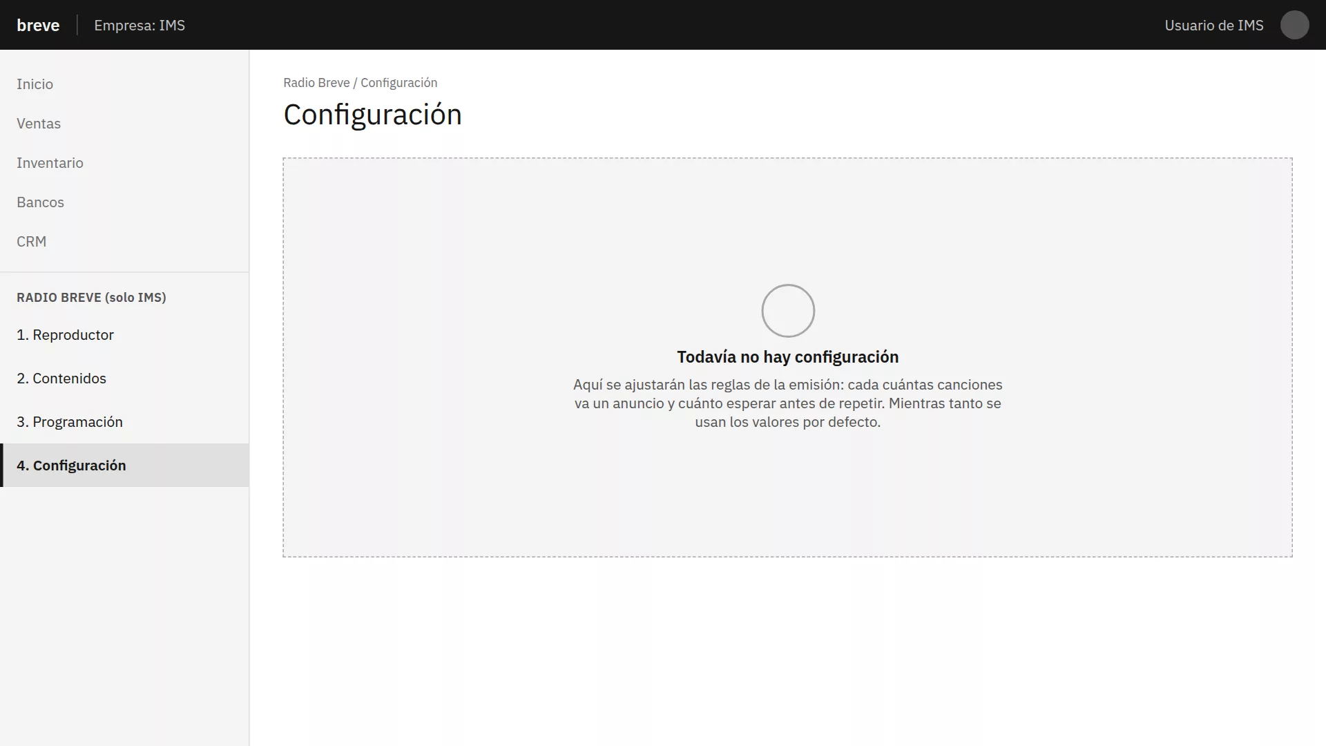 Wireframe de Configuración con el estado vacío