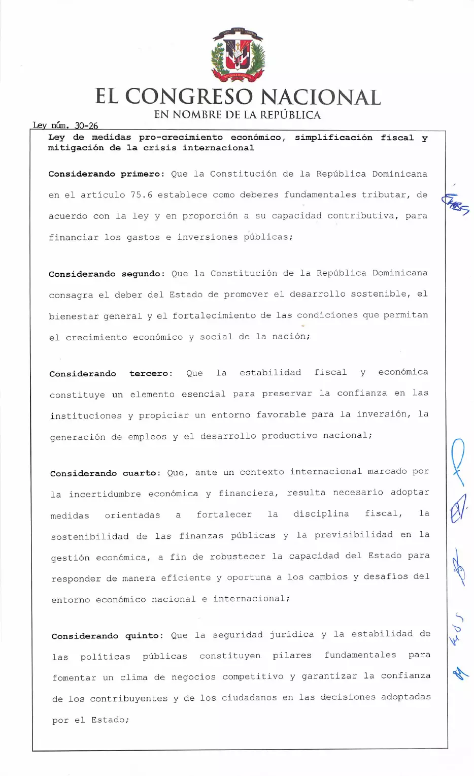 Ley 30-26 de medidas pro crecimiento económico y simplificación fiscal, página 1 de 62