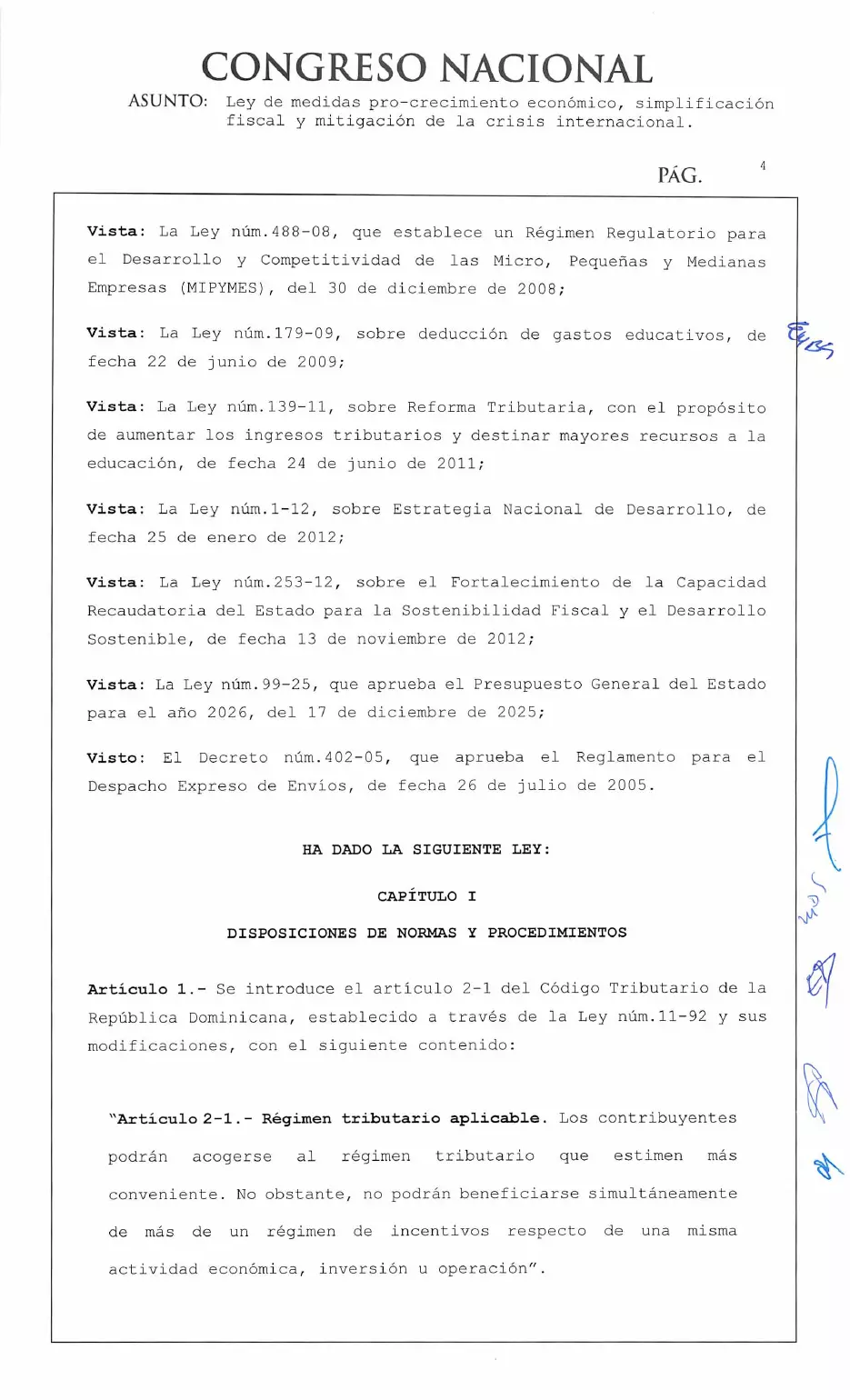 Ley 30-26 de medidas pro crecimiento económico y simplificación fiscal, página 4 de 62