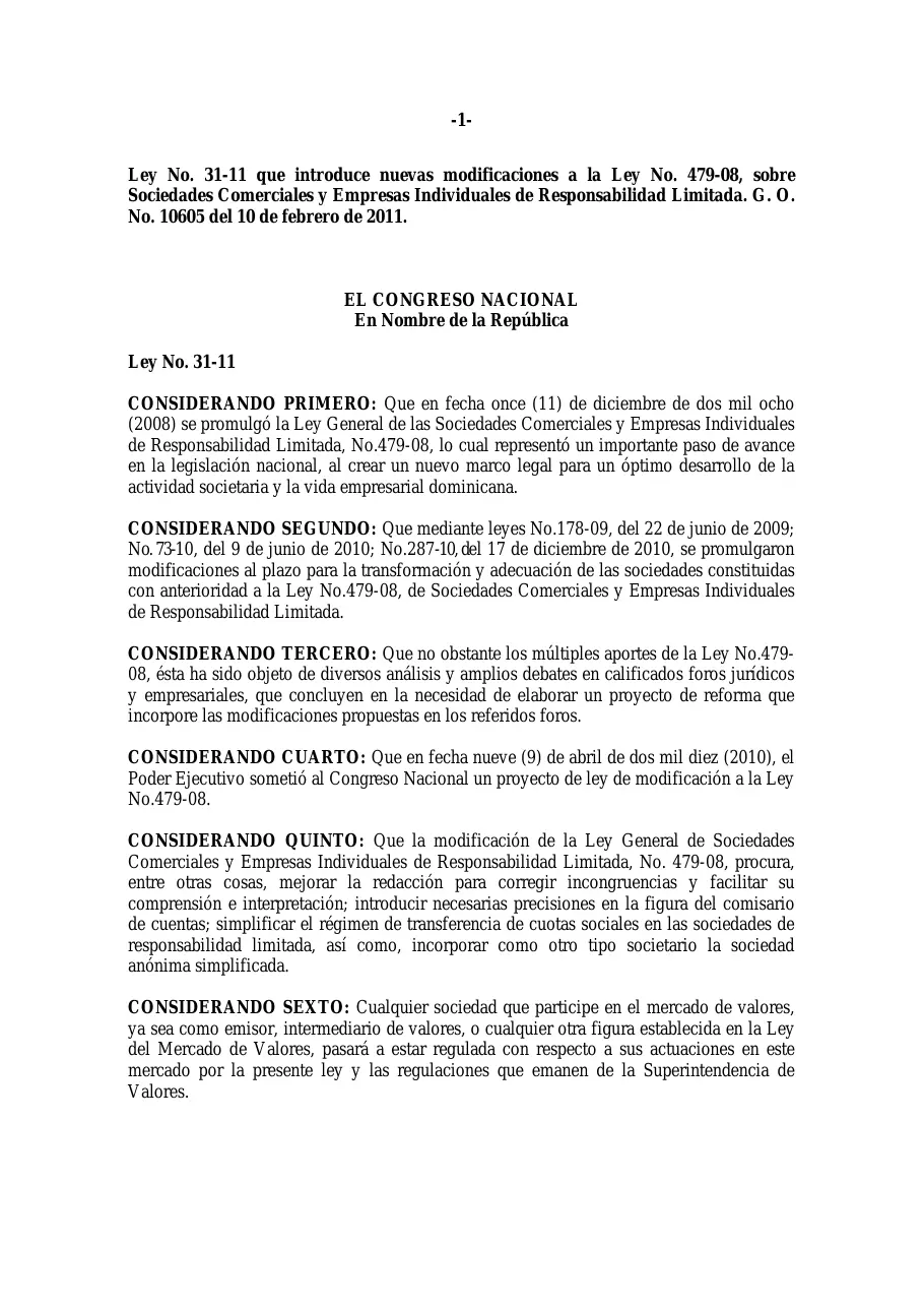 Ley 31-11, que modifica la Ley 479-08 de sociedades comerciales, página 1 de 86