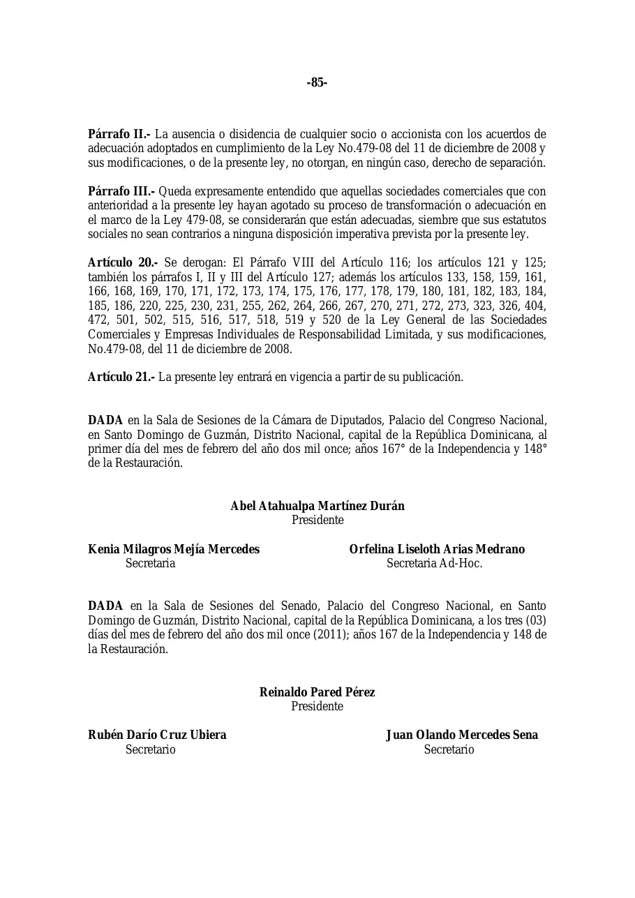 Ley 31-11, que modifica la Ley 479-08 de sociedades comerciales, página 85 de 86