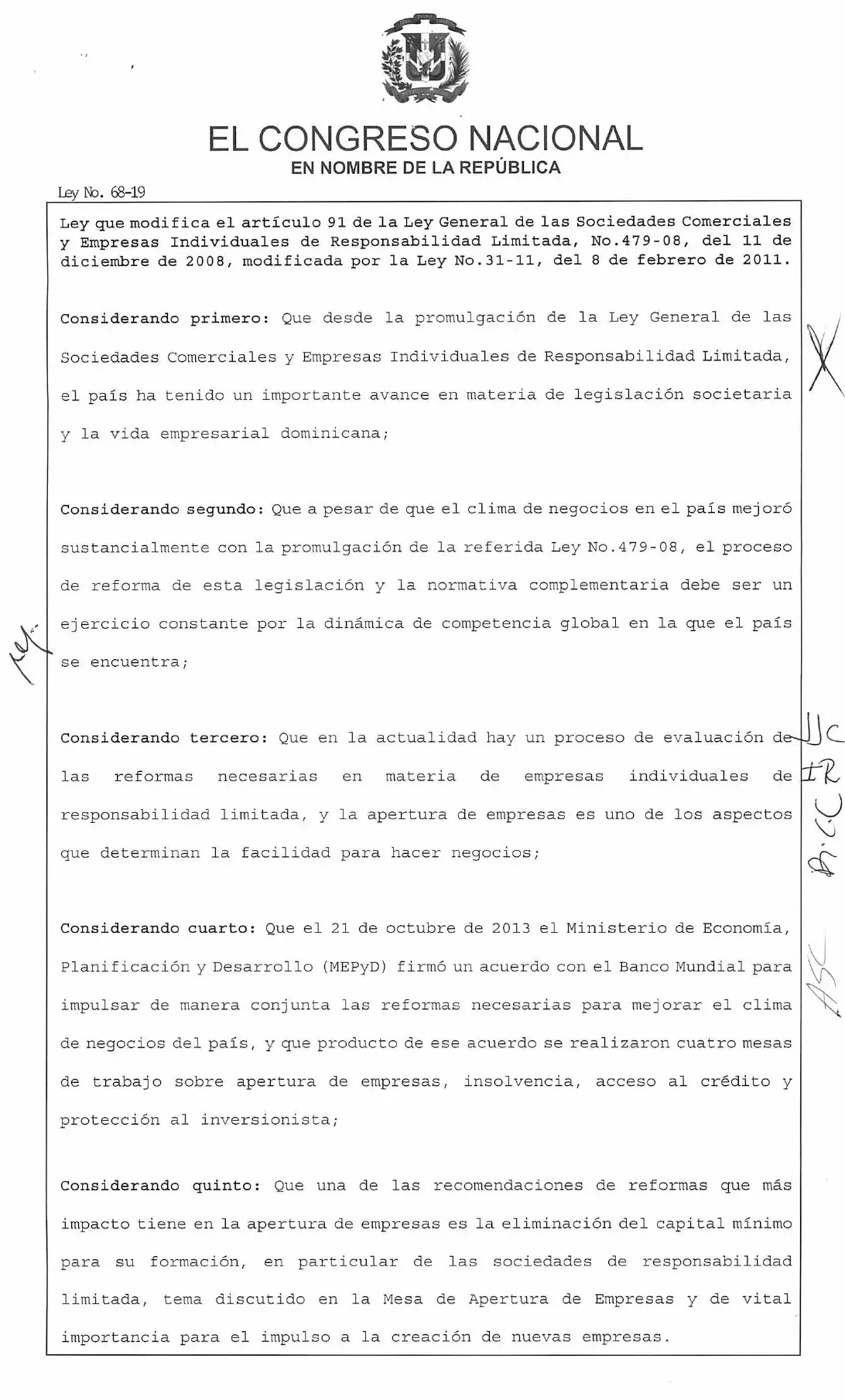Ley 68-19, que modifica la Ley 479-08 de sociedades comerciales, página 1 de 5